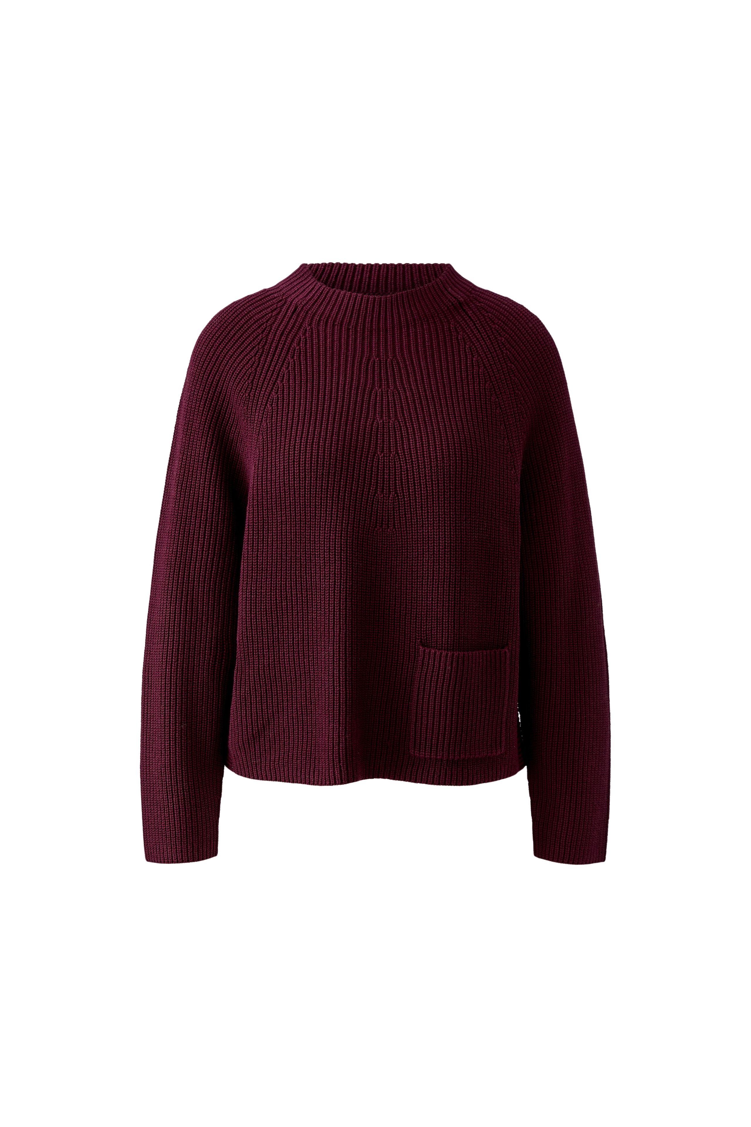 Oui RIYA burgundy ribbed high neck jumper with front pocket – product front view