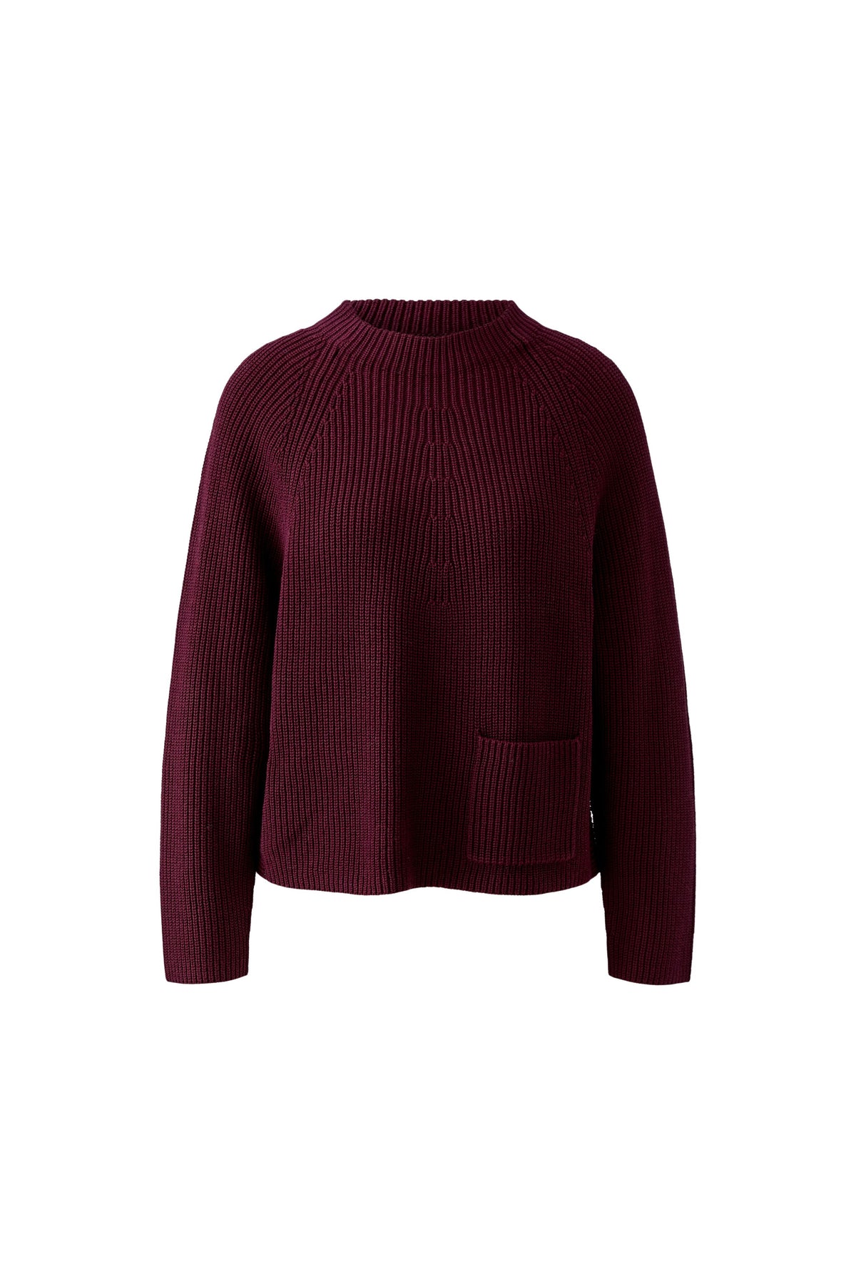 Oui RIYA burgundy ribbed high neck jumper with front pocket – product front view