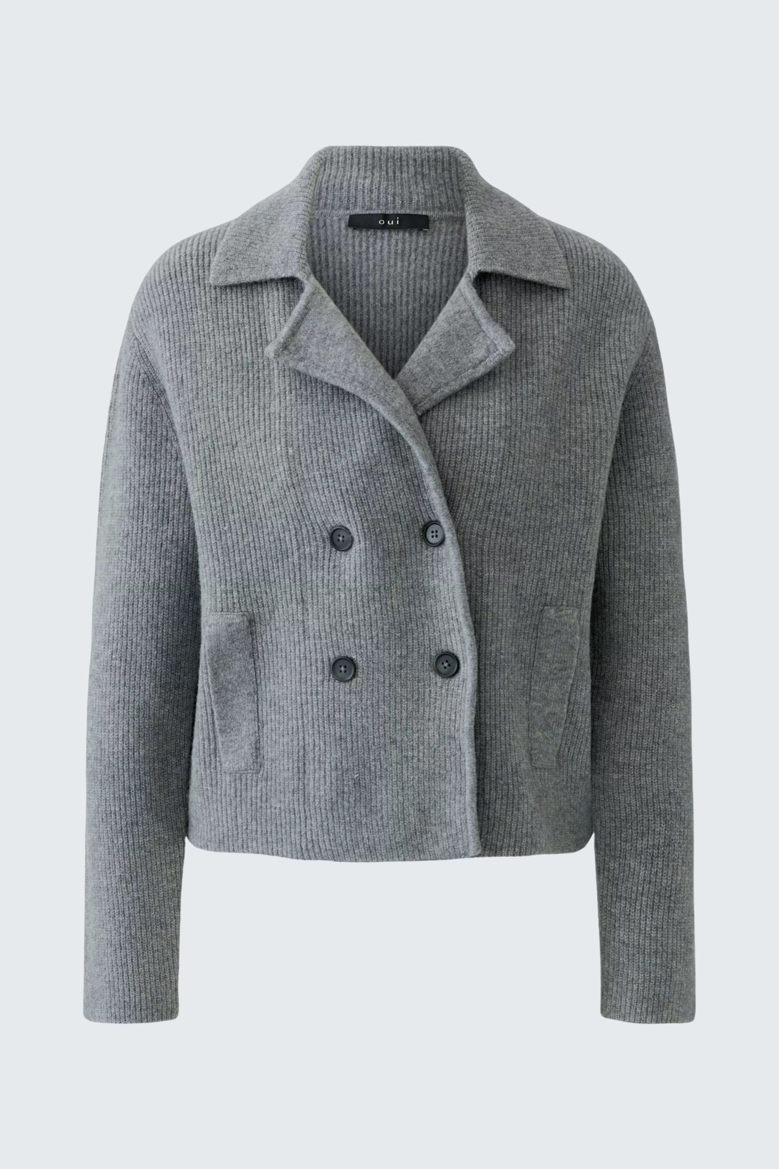 Oui grey double-breasted knitted jacket with classic lapels – product front view