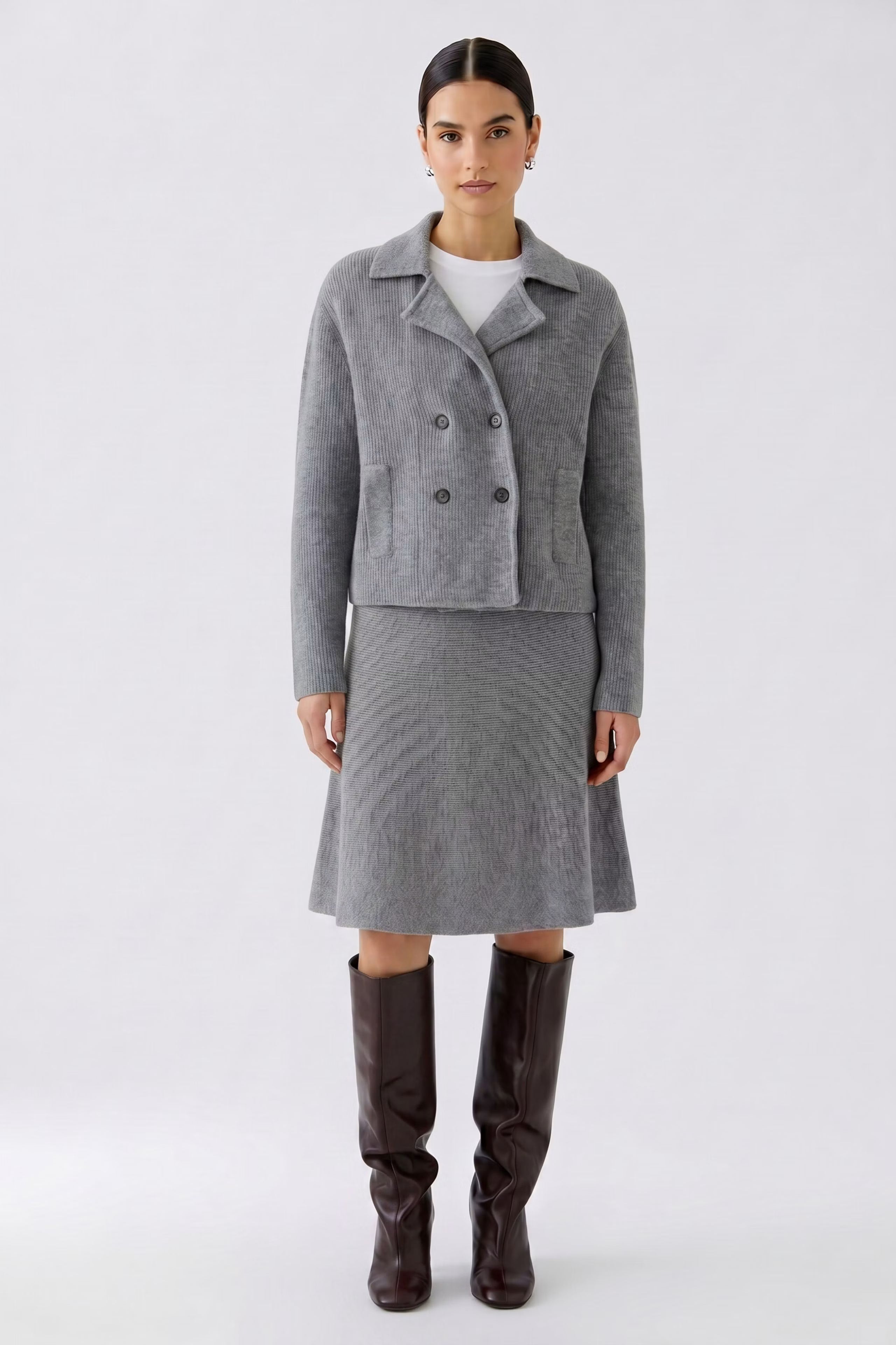 Oui grey wool blend knitted jacket styled with matching skirt – full outfit view