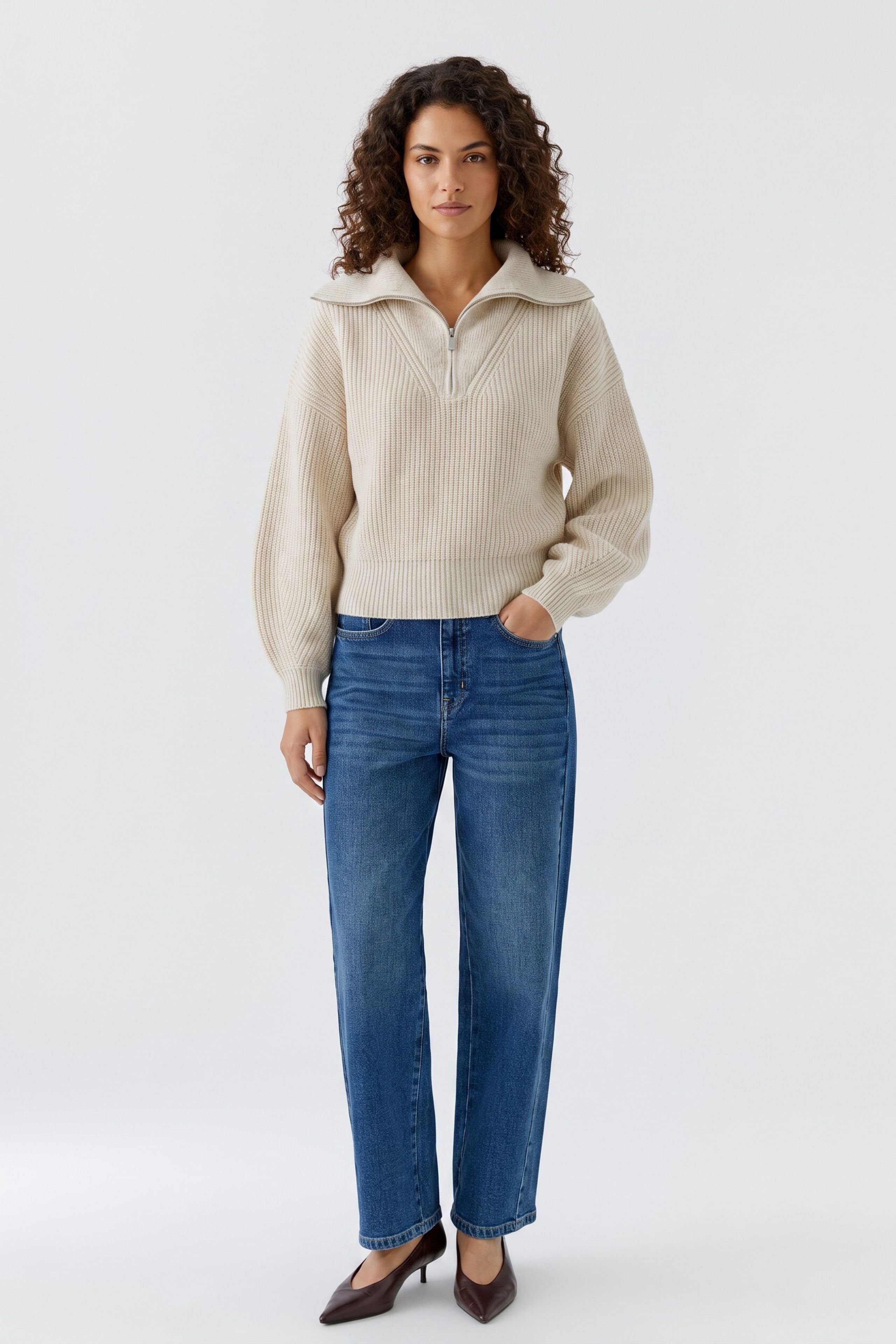 Oui beige ribbed half zip jumper with long sleeves – full model view