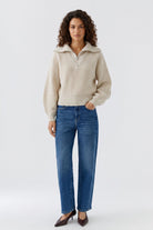 Oui beige ribbed half zip jumper with long sleeves – full model view