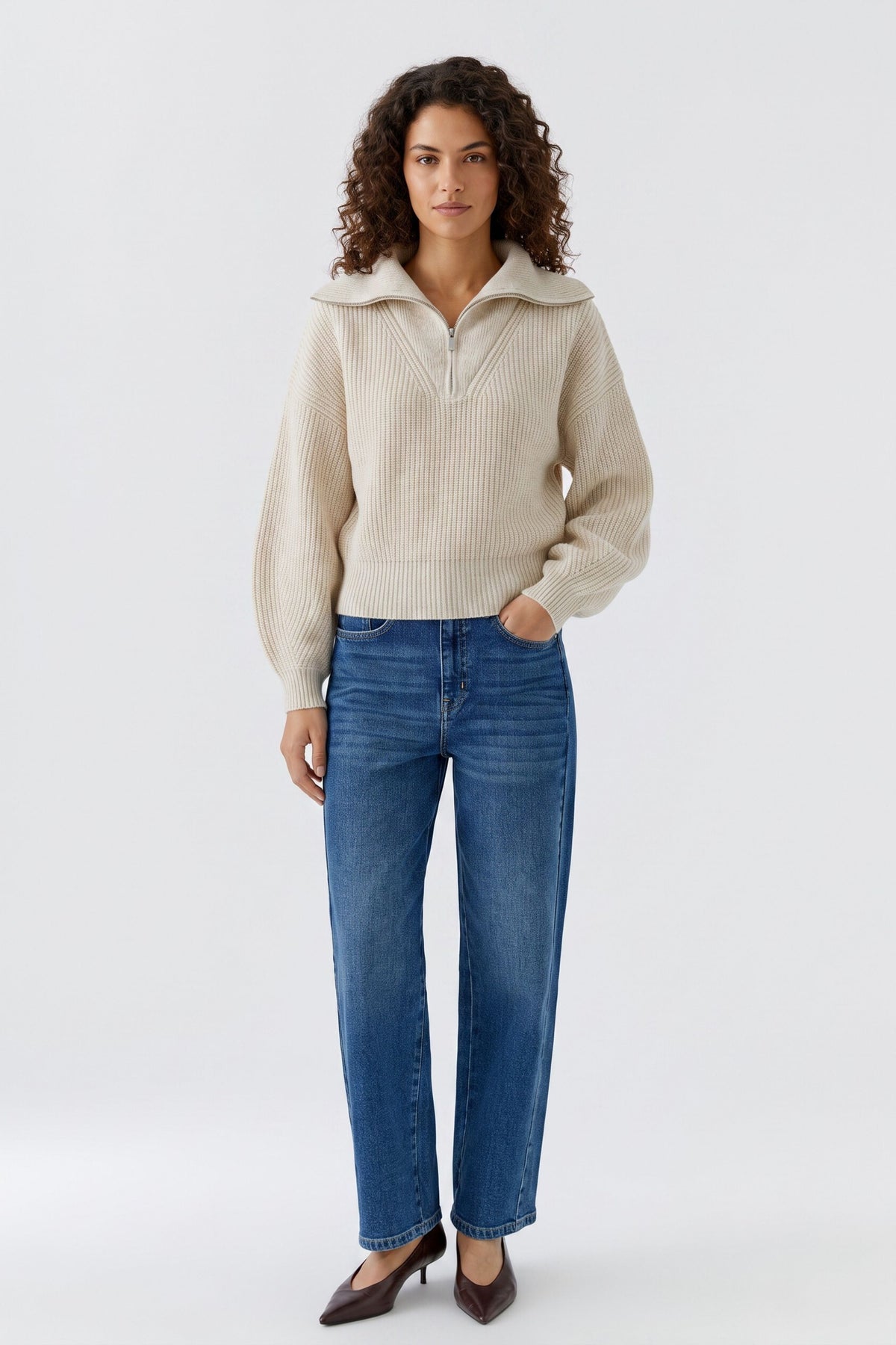 Oui beige ribbed half zip jumper with long sleeves – full model view