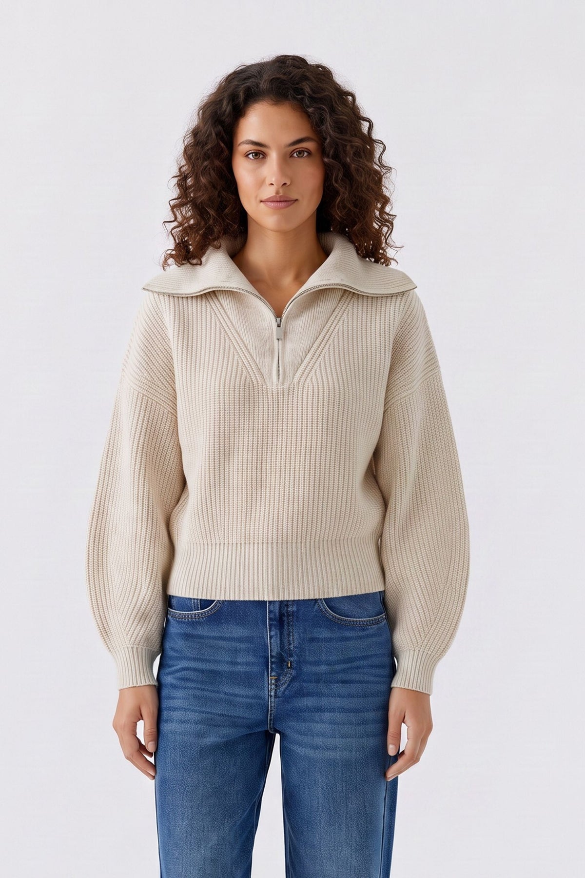 Oui beige melange ribbed half zip jumper with wide collar – front model view