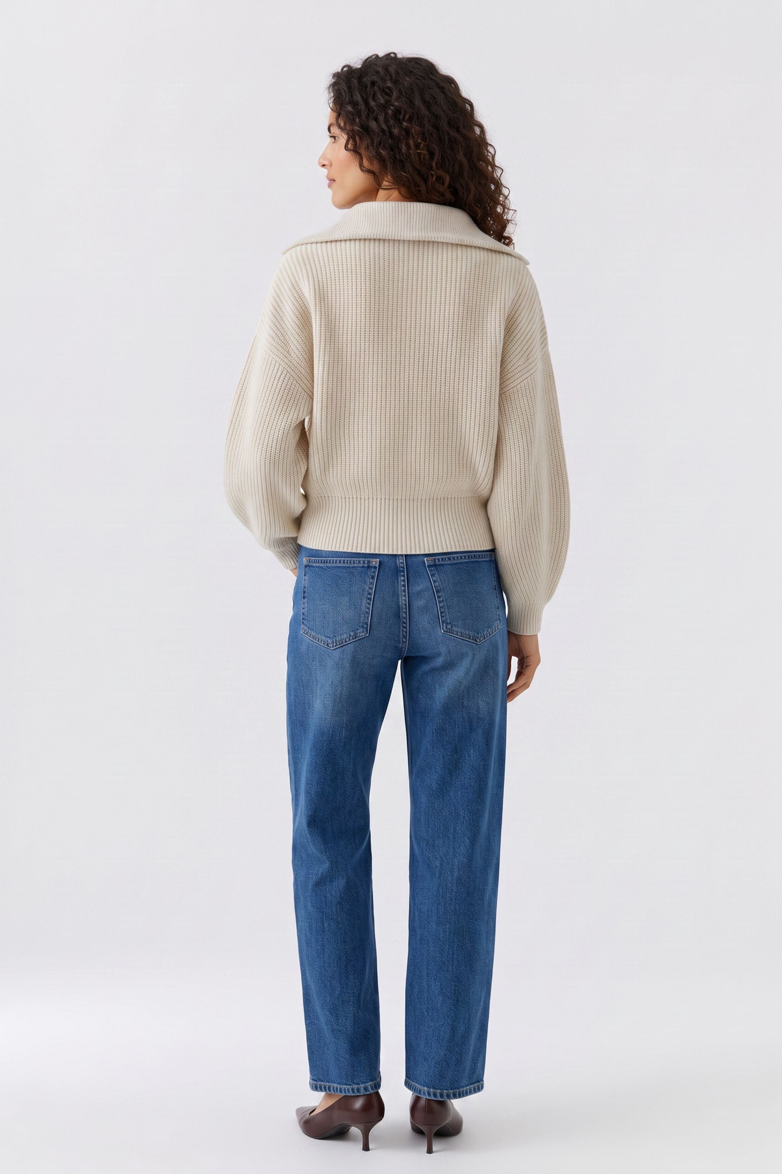 Oui beige melange half zip knit jumper – back model view