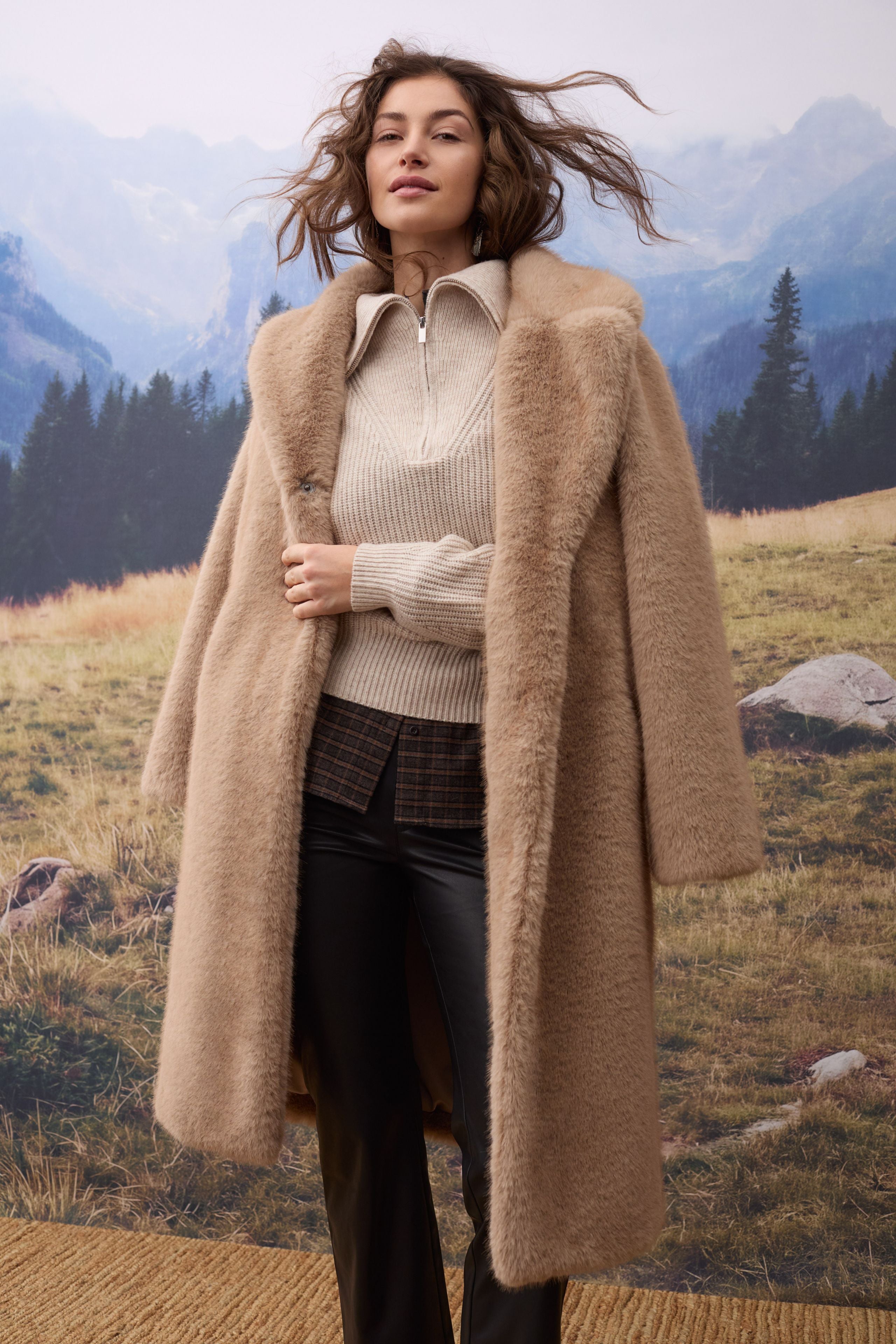 Oui beige half zip jumper layered under camel coat – lifestyle view