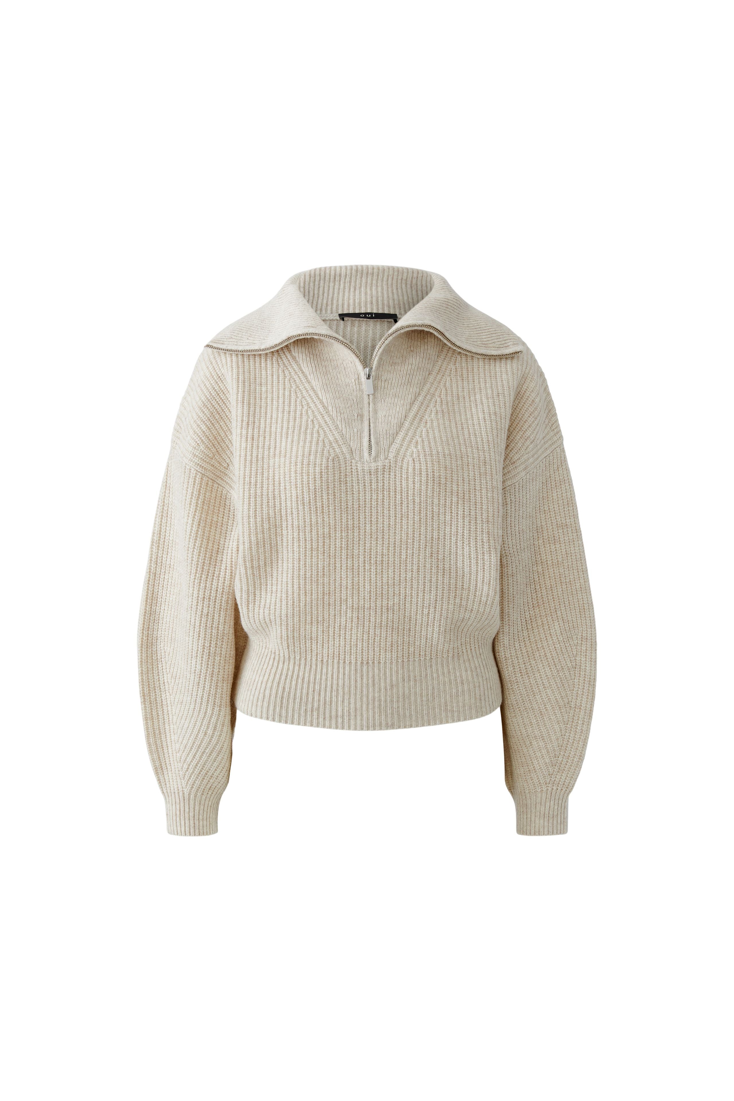 Oui beige melange ribbed half zip jumper – front product view