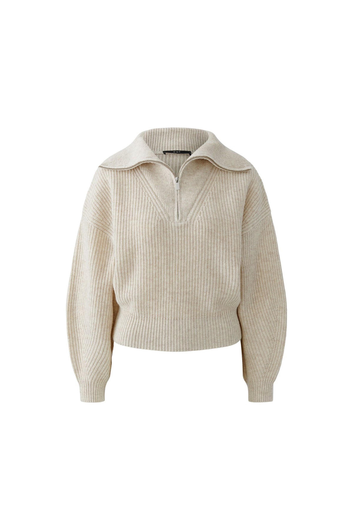 Oui beige melange ribbed half zip jumper – front product view