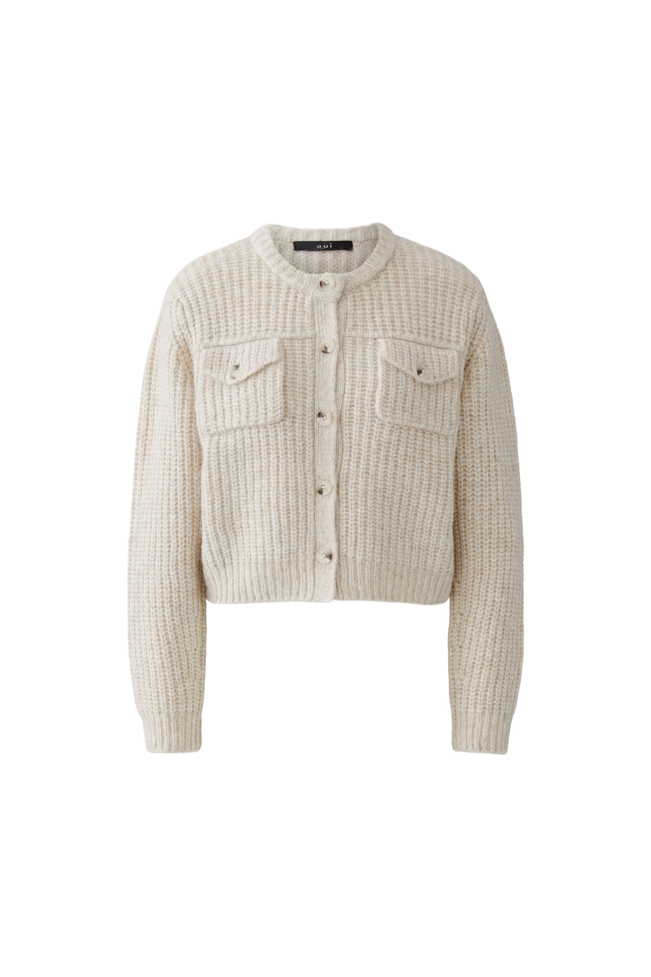 Oui light beige melange ribbed button cardigan with chest pockets – front product view without collar