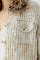 Oui beige ribbed cardigan with buttoned flap chest pocket – detail view