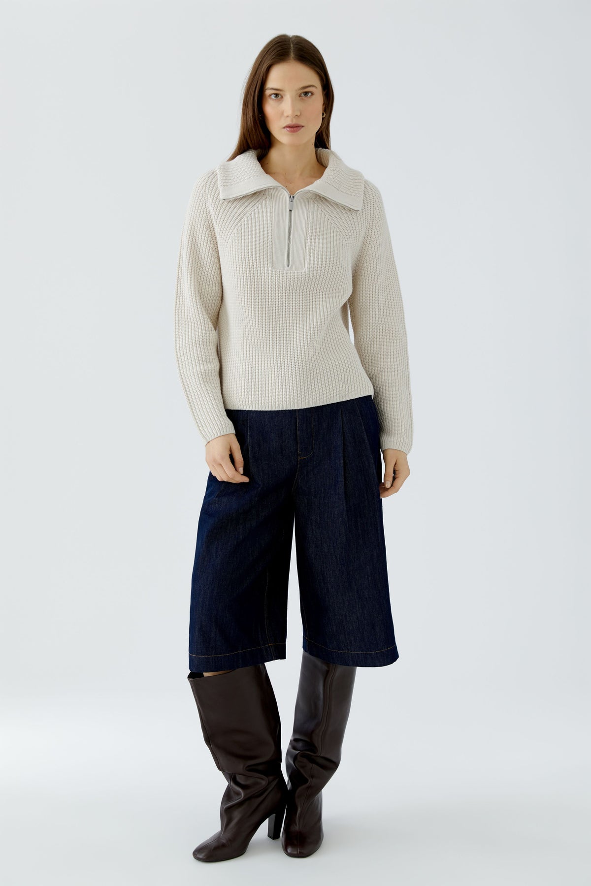 Oui cream cotton blend half zip jumper with raglan sleeves – full model view