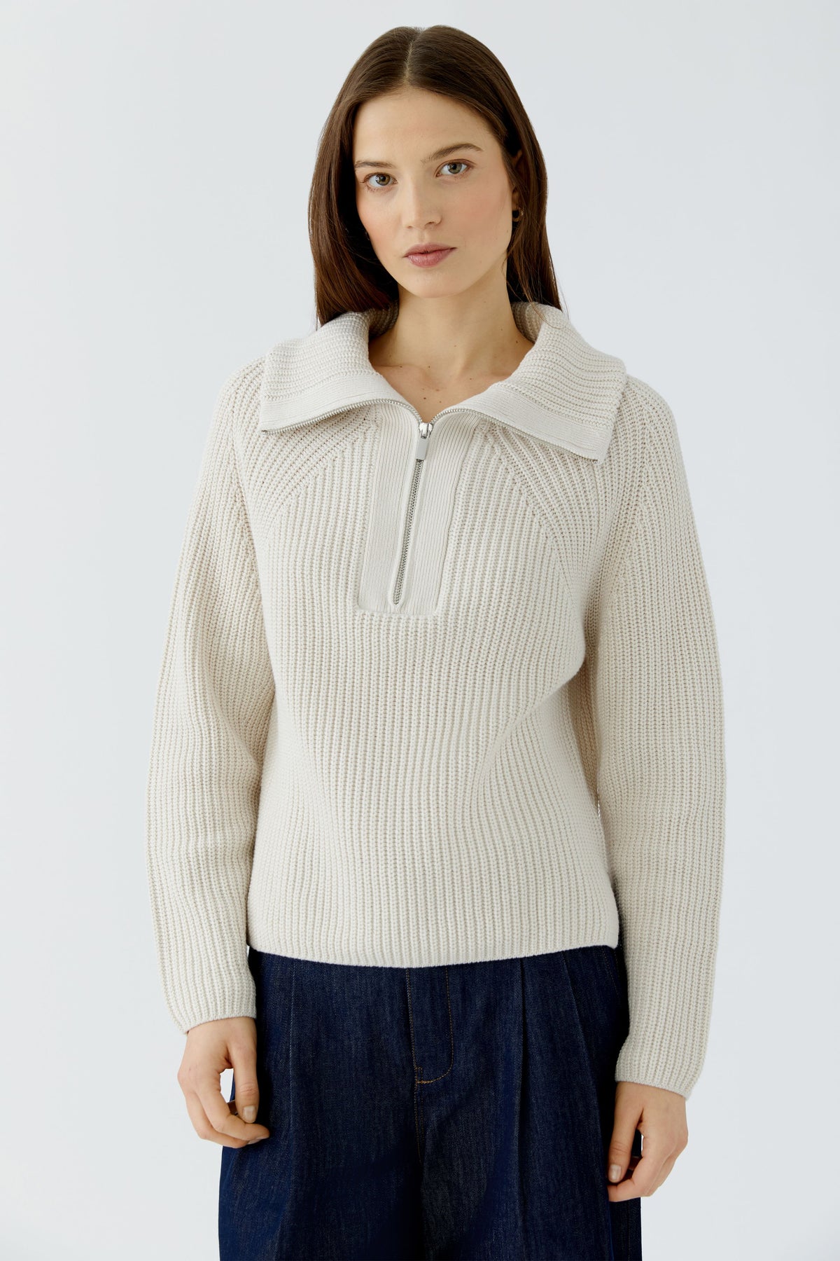 Oui cream ribbed cotton blend half zip jumper with wide collar – front model view