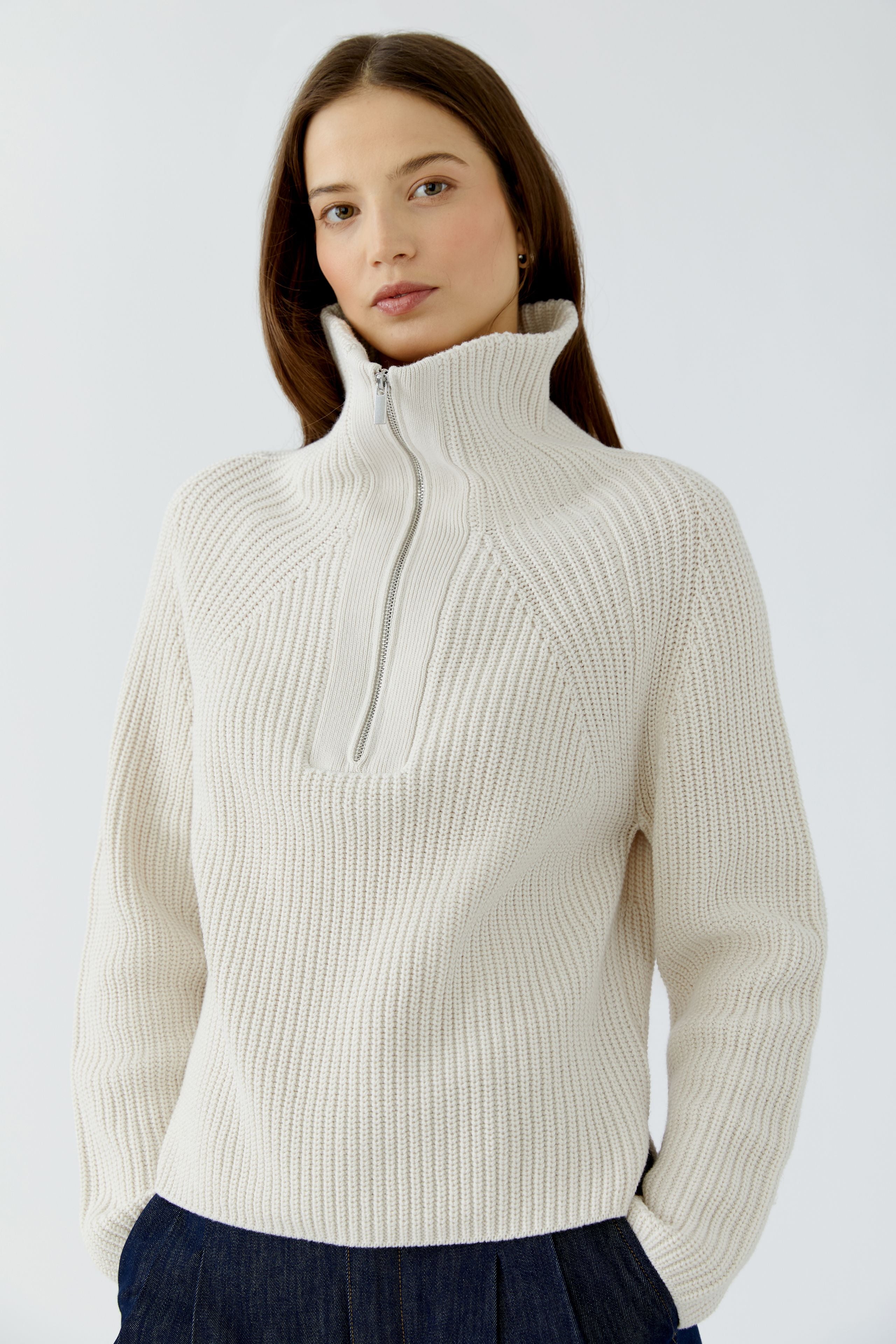 Oui cream ribbed half zip jumper with zipped funnel neck – front detail view