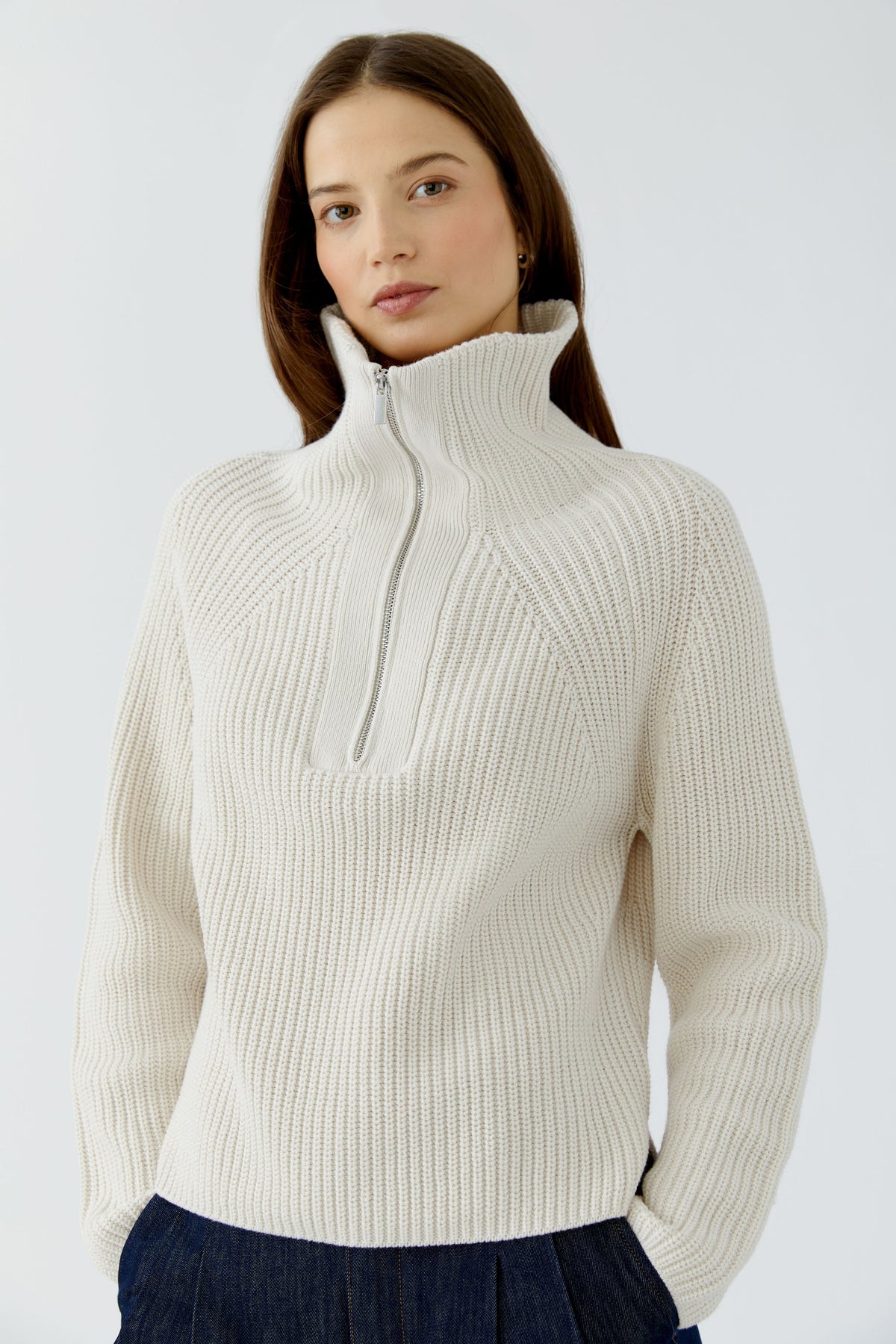 Oui cream ribbed half zip jumper with zipped funnel neck – front detail view