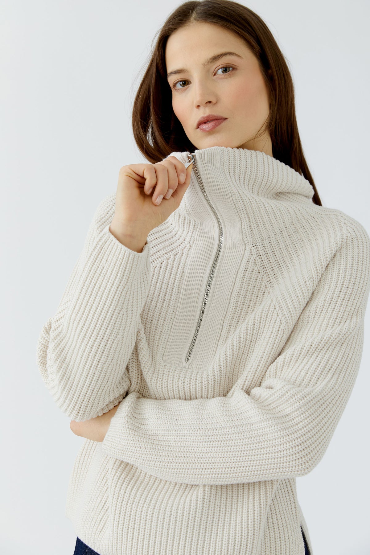 Oui cream half zip jumper with high funnel collar – close model view