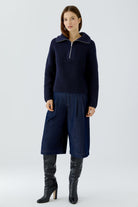 Oui navy cotton blend half zip jumper – full front model view