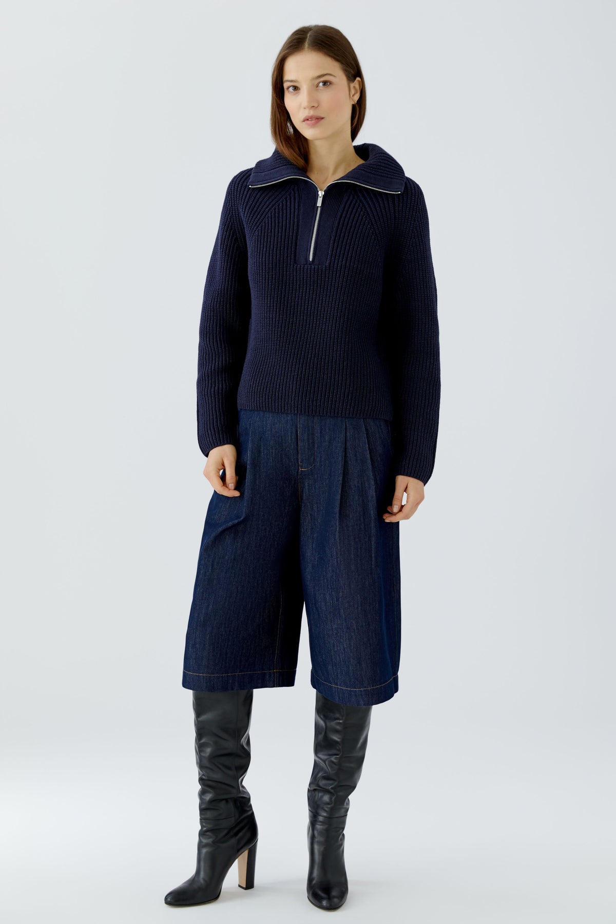 Oui navy cotton blend half zip jumper – full front model view