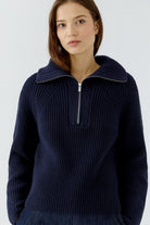 Oui navy half zip jumper with wide open collar – neckline detail