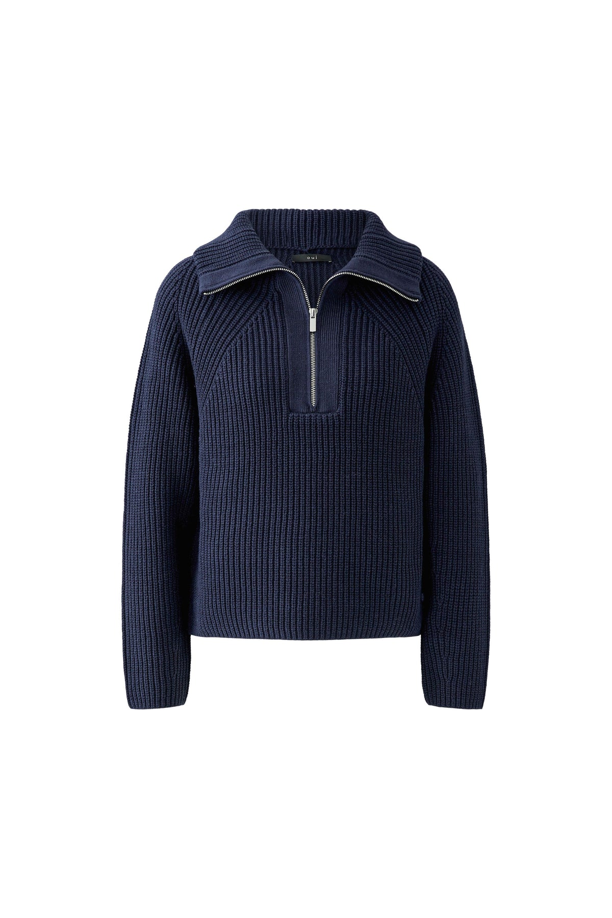 Oui navy ribbed cotton blend half zip jumper – front product view
