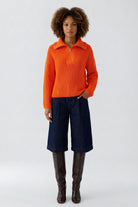 Oui bright orange cotton blend half zip jumper – full front model view