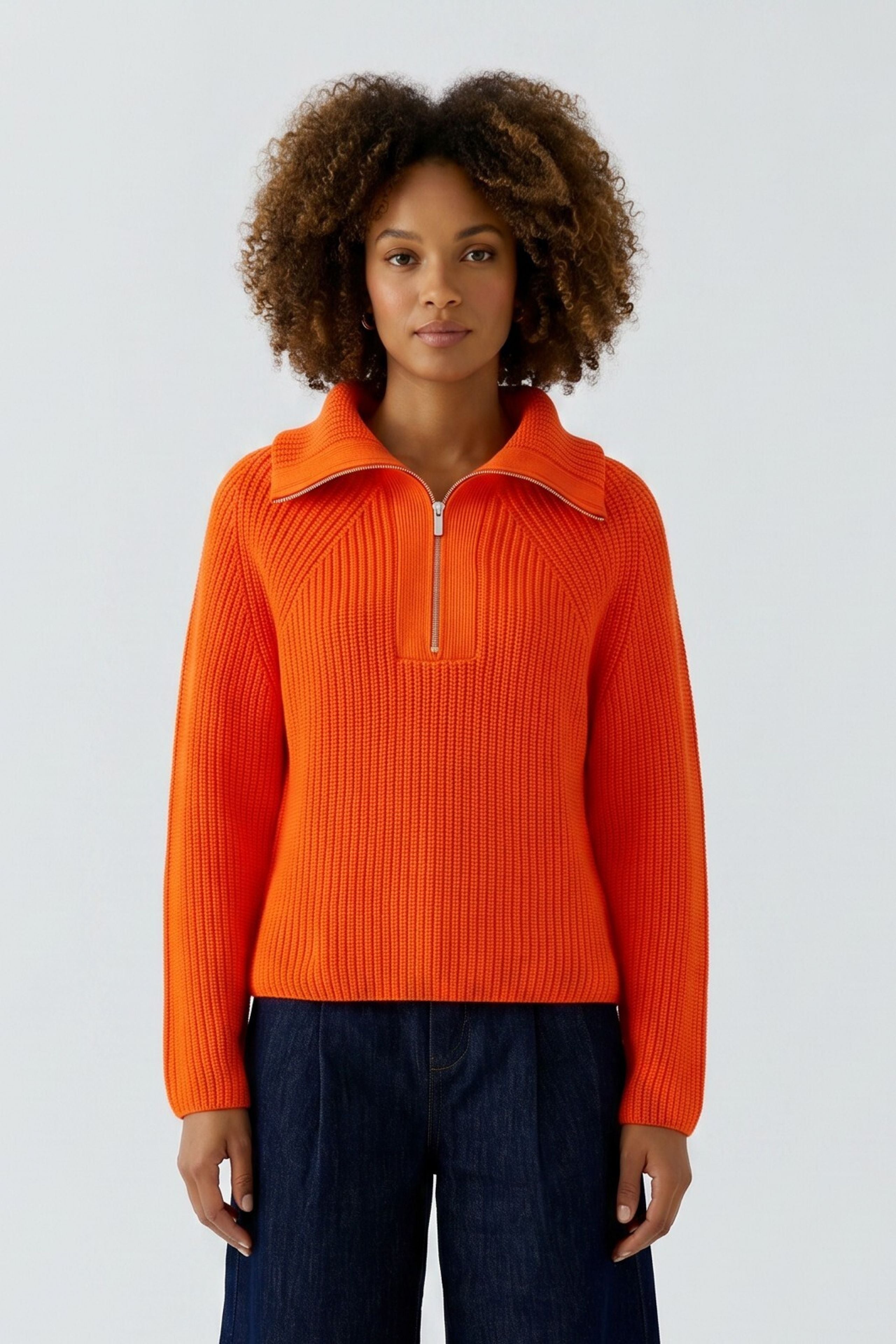 Oui bright orange ribbed half zip jumper with wide collar – front model view
