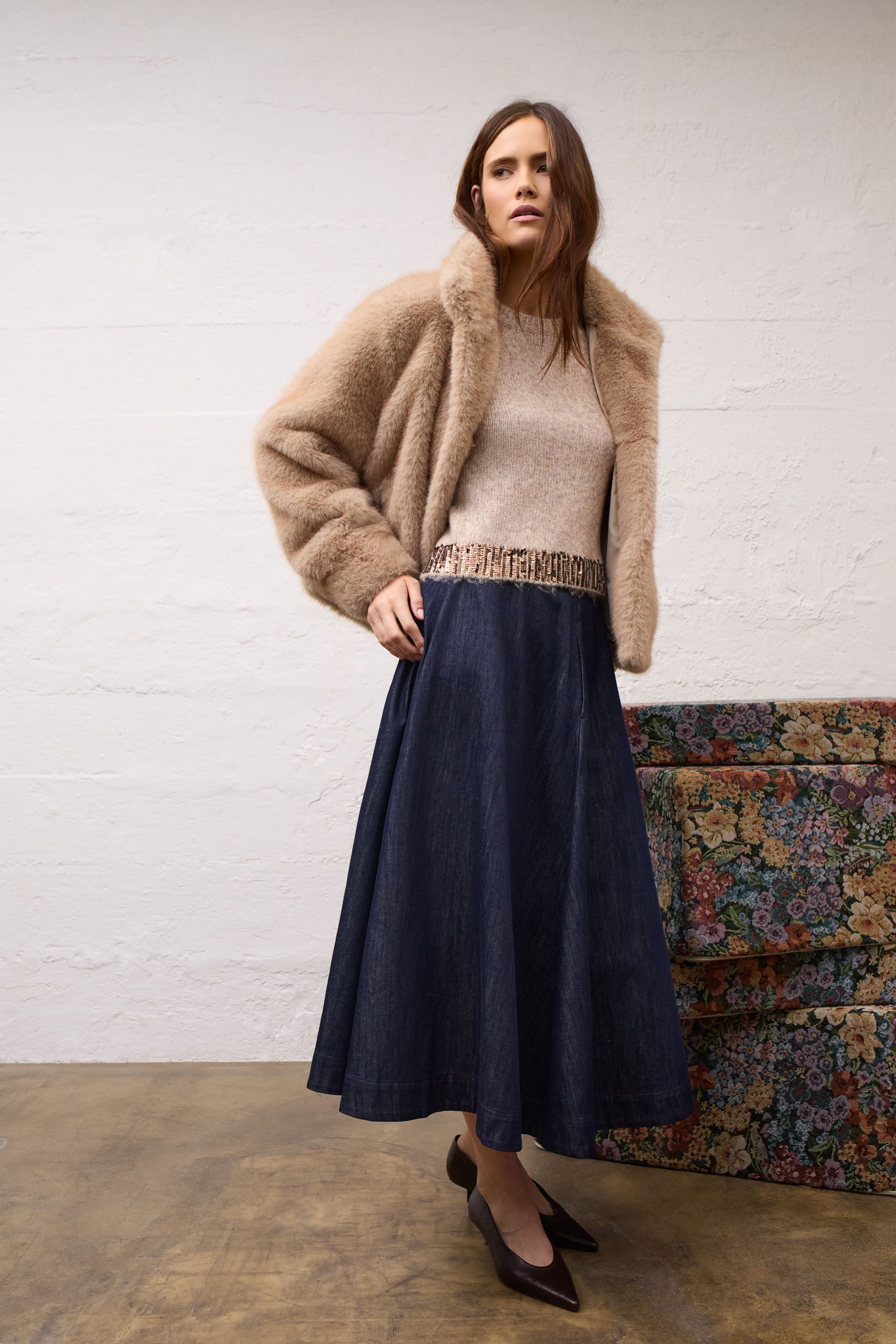 Oui beige sequin hem jumper styled with navy midi skirt – lifestyle view