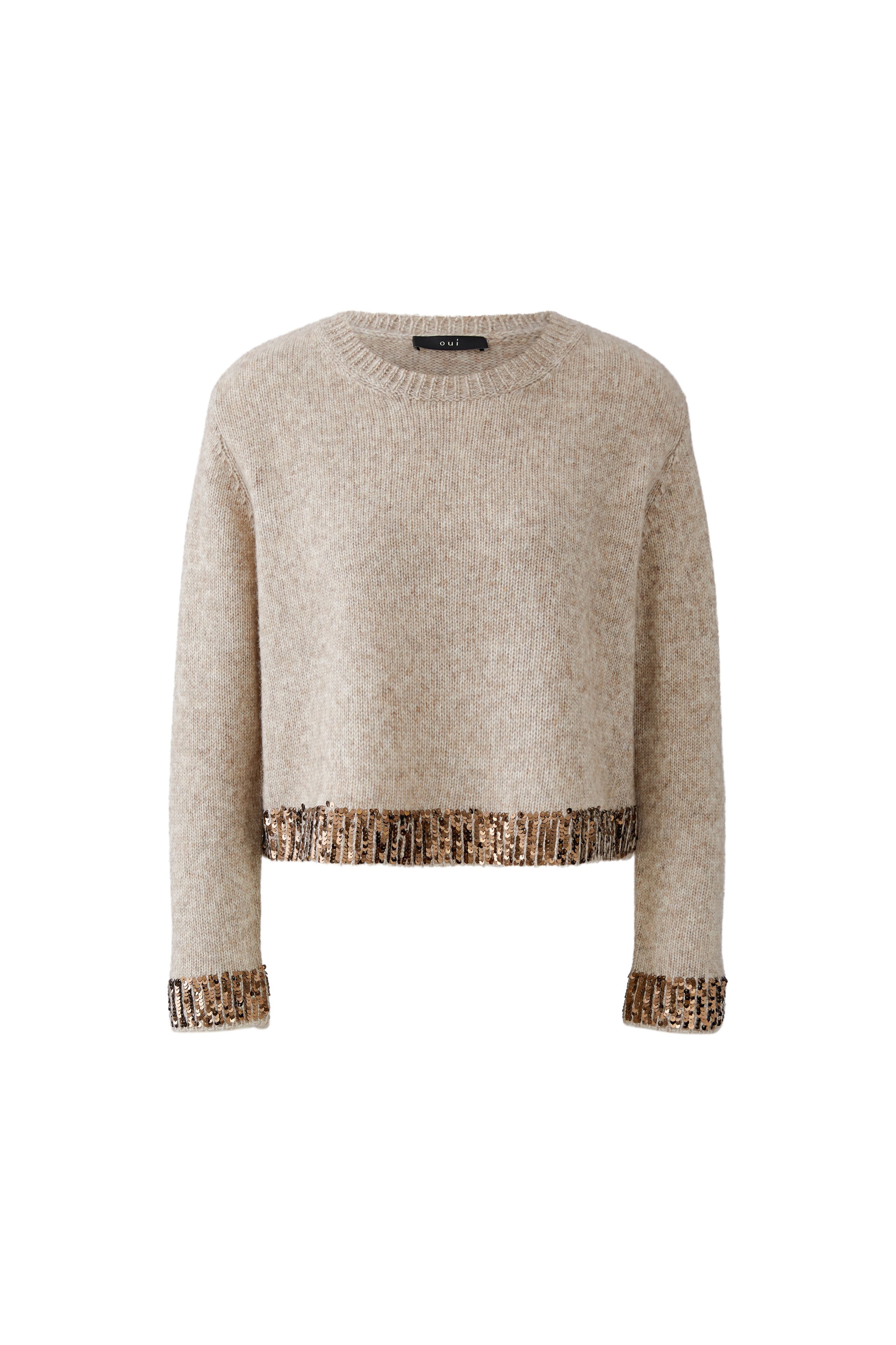 Oui beige sequin trim wool blend jumper – product front view