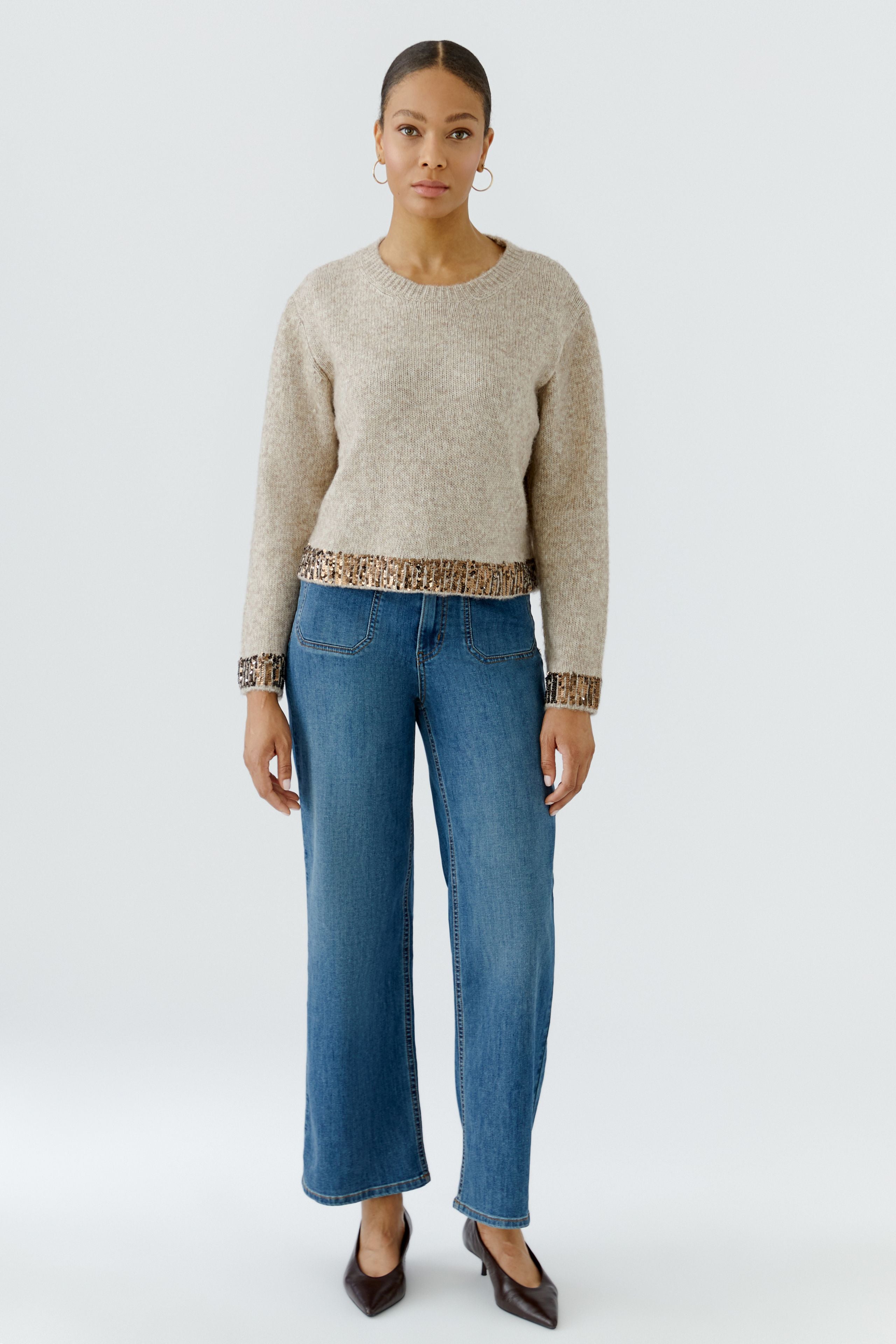 Oui beige cropped sequin jumper with long sleeves – full front model view