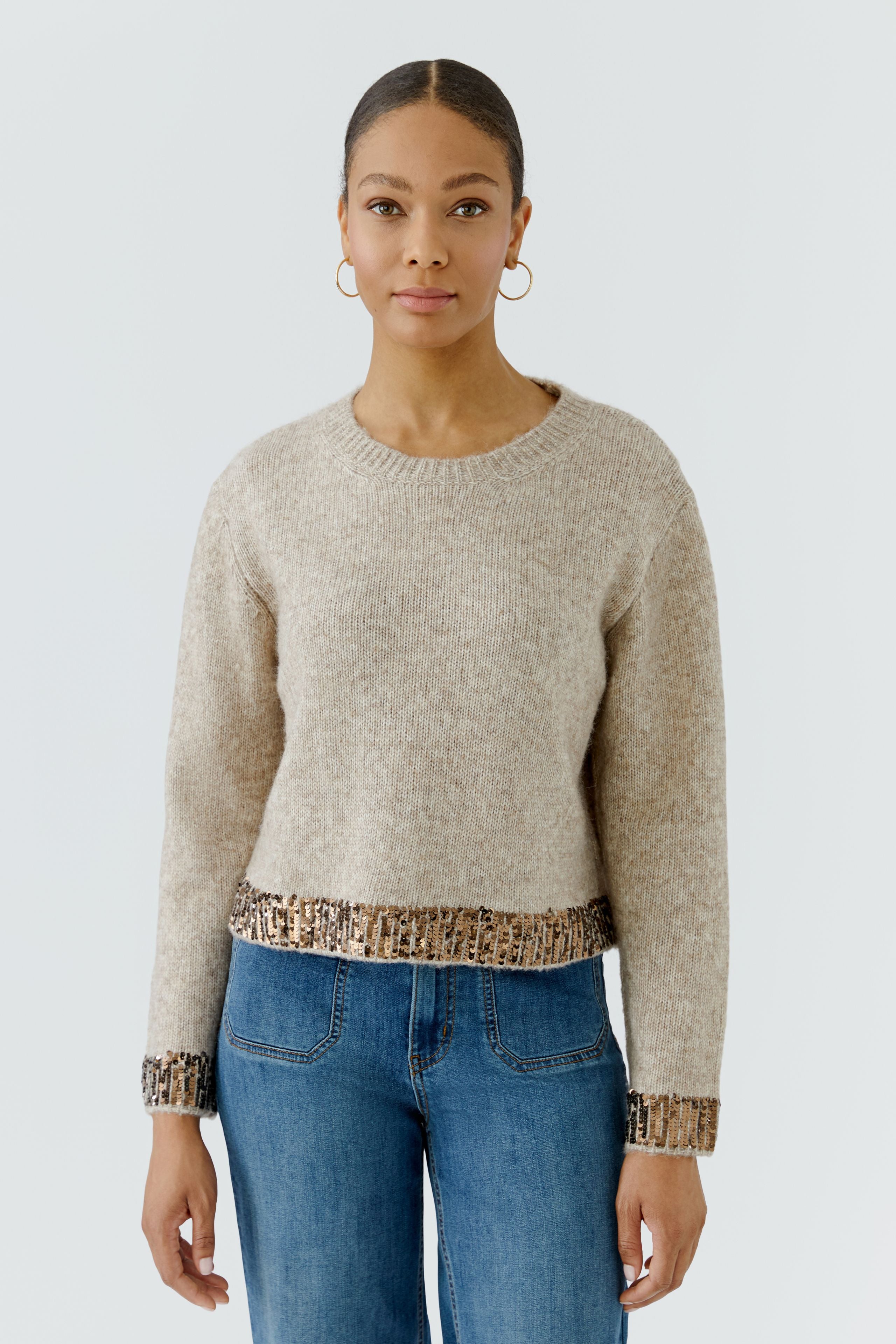 Oui beige sequin trim wool blend jumper – front model view