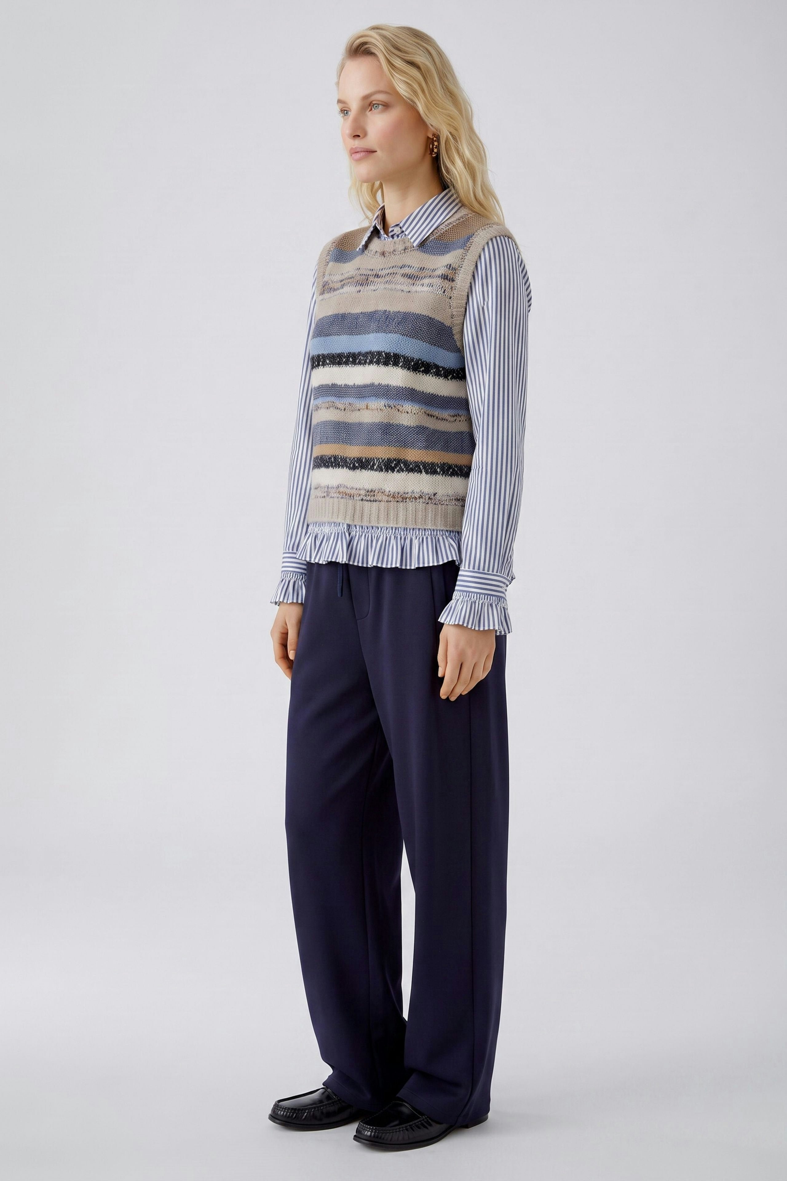 Oui women’s striped knitted vest styled over shirt back view