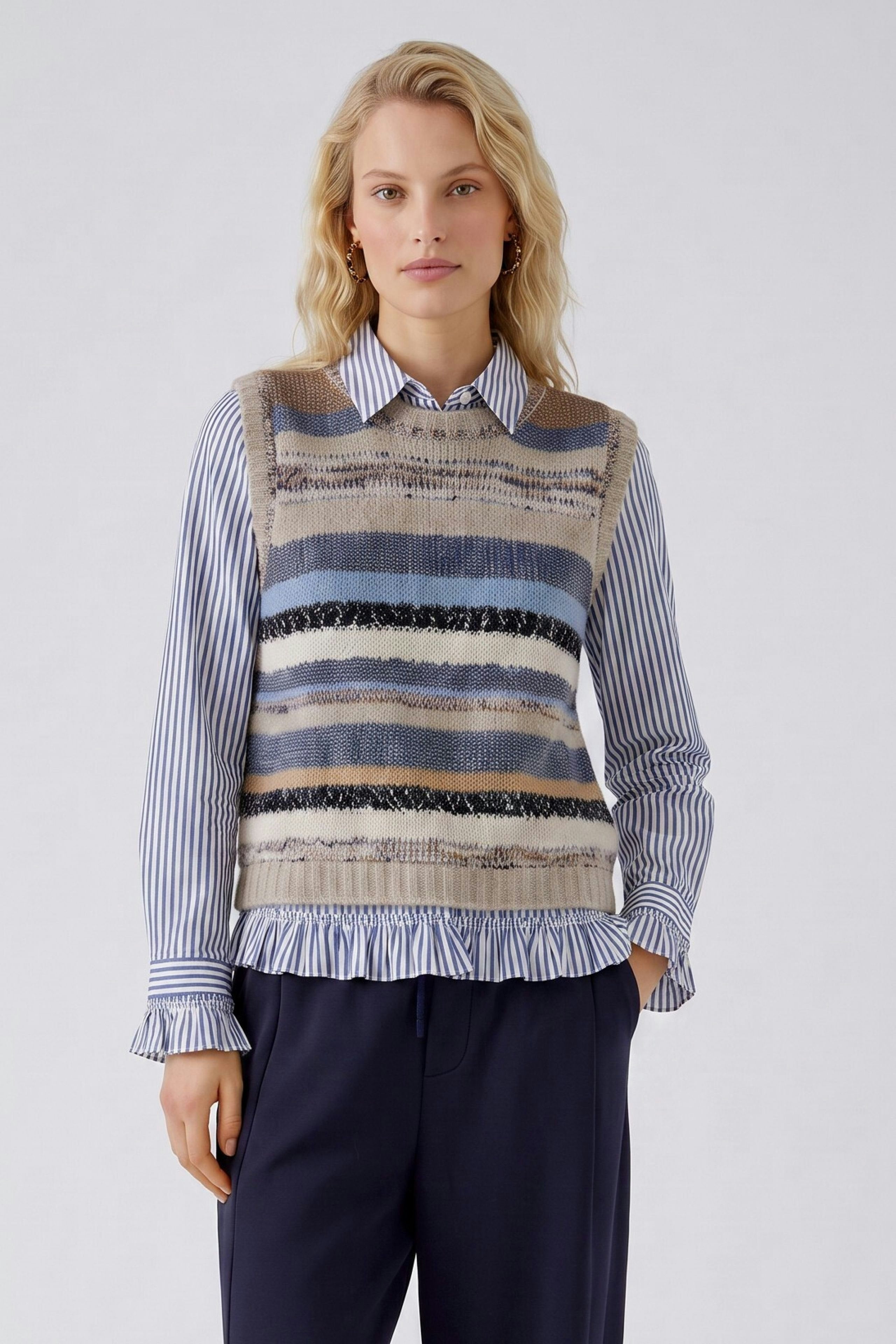 Oui mixed yarn stripe knitted vest styled over blue striped shirt front view