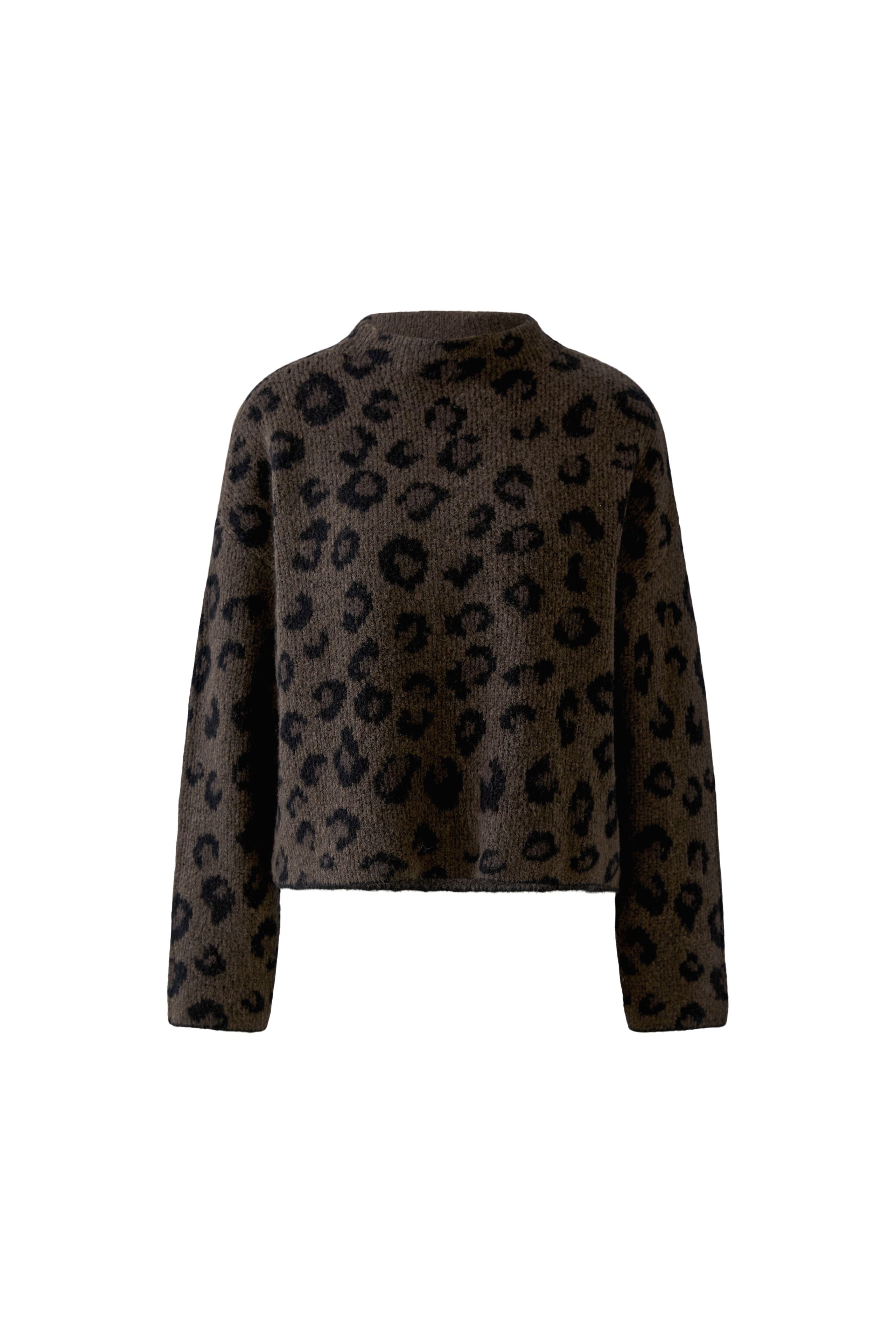 Oui brown leopard print jacquard jumper with turn-down collar – product front view