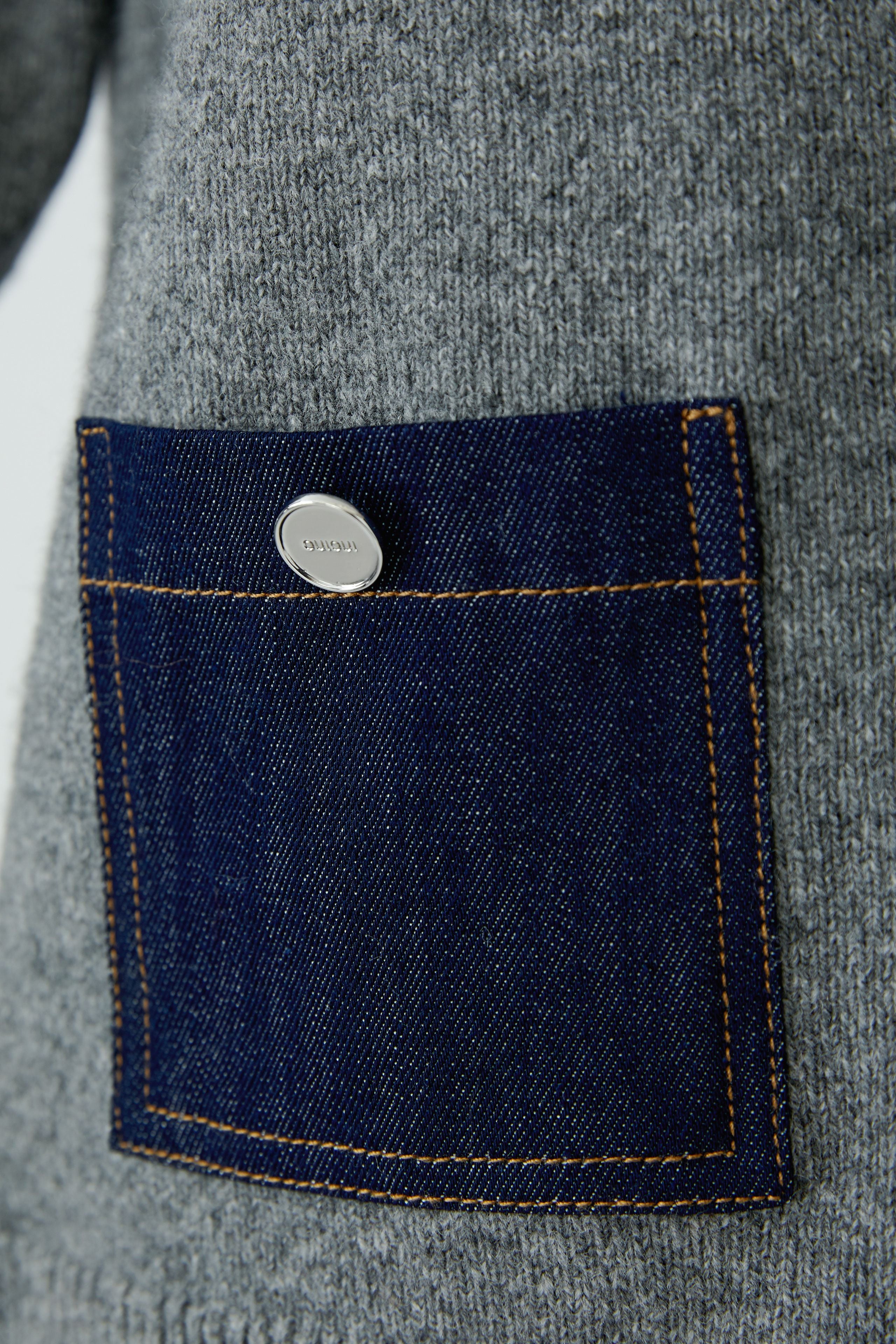 Oui grey knit jumper dark denim patch pocket with contrast stitching – close-up detail