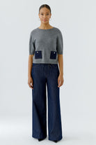 Oui grey short sleeve jumper with denim pockets – full front model view