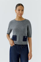 Oui grey wool blend short sleeve jumper with denim patch pockets – front model view