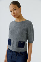 Oui grey short sleeve wool blend jumper with denim pockets – three-quarter model view