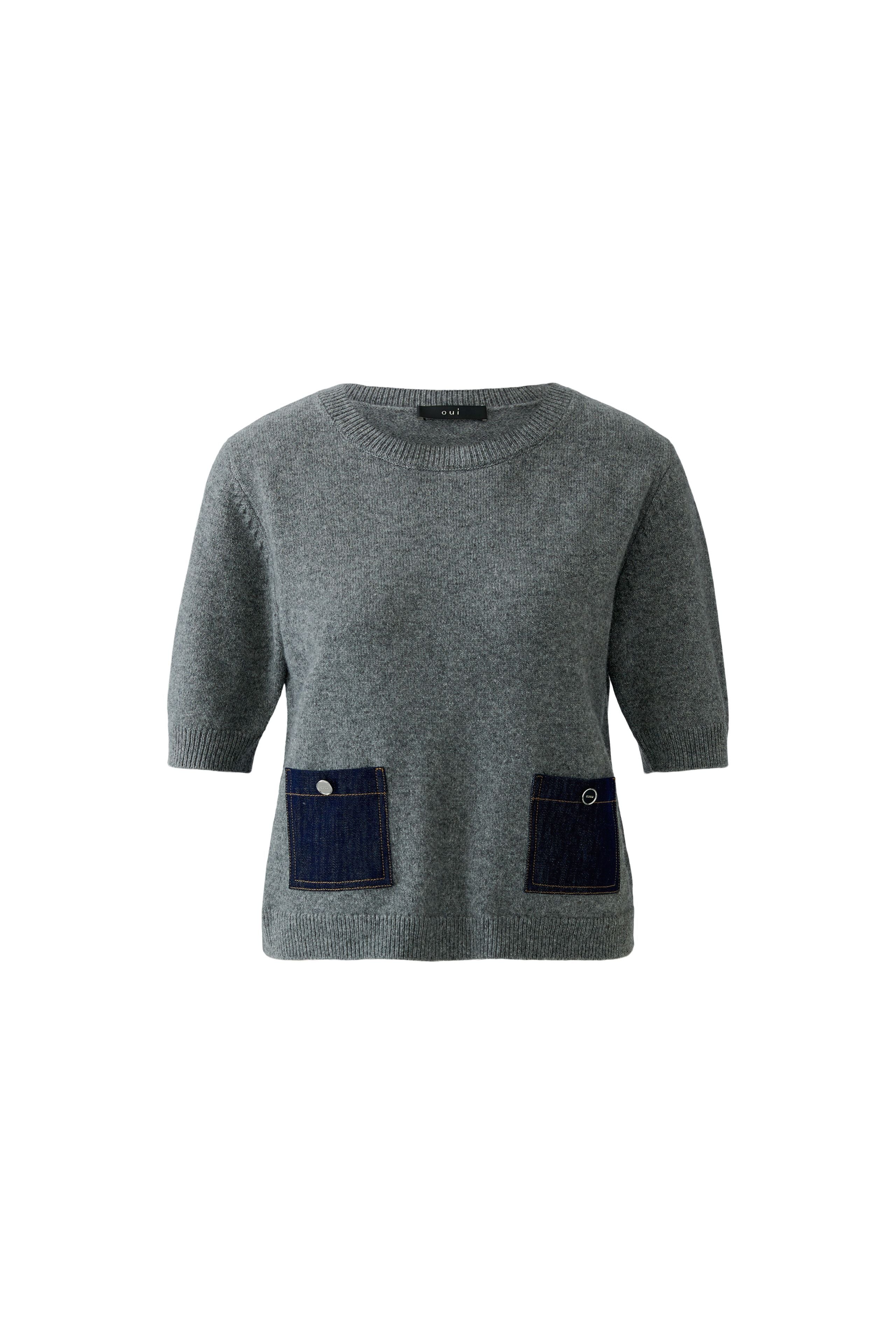Oui grey knit jumper with two denim patch pockets – front product view
