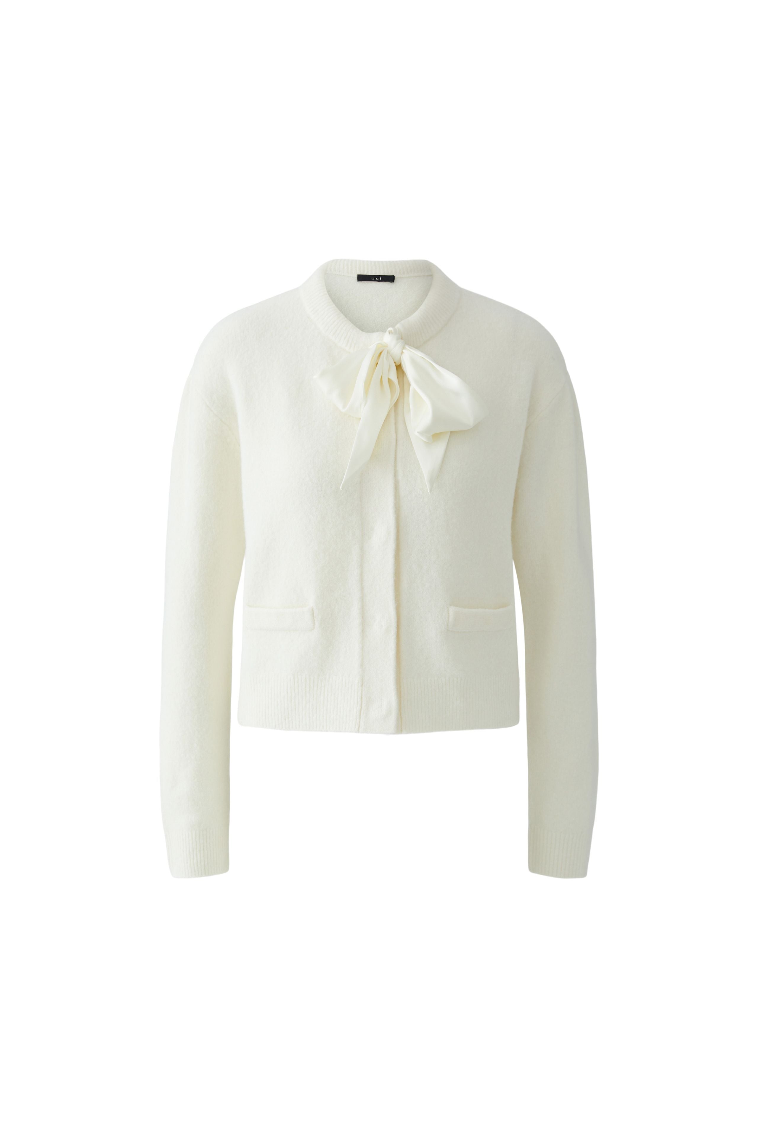 Oui cream satin bow knitted cardigan with concealed placket – product front view
