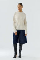 Oui cream relaxed wool modal jumper with stand collar – full model view