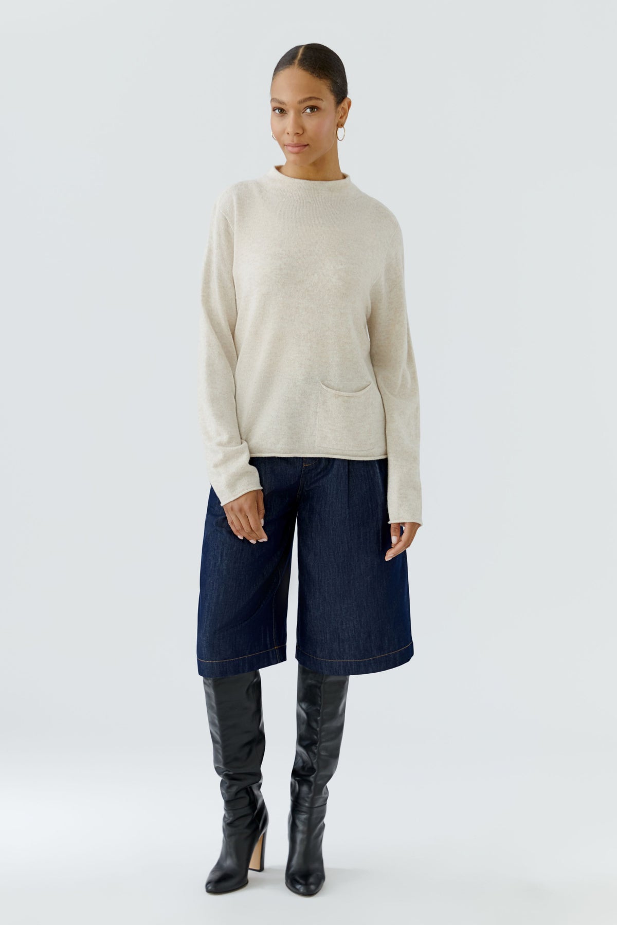 Oui cream relaxed wool modal jumper with stand collar – full model view