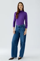 Oui Amaranth Purple slim fit polo neck top – full model view with jeans