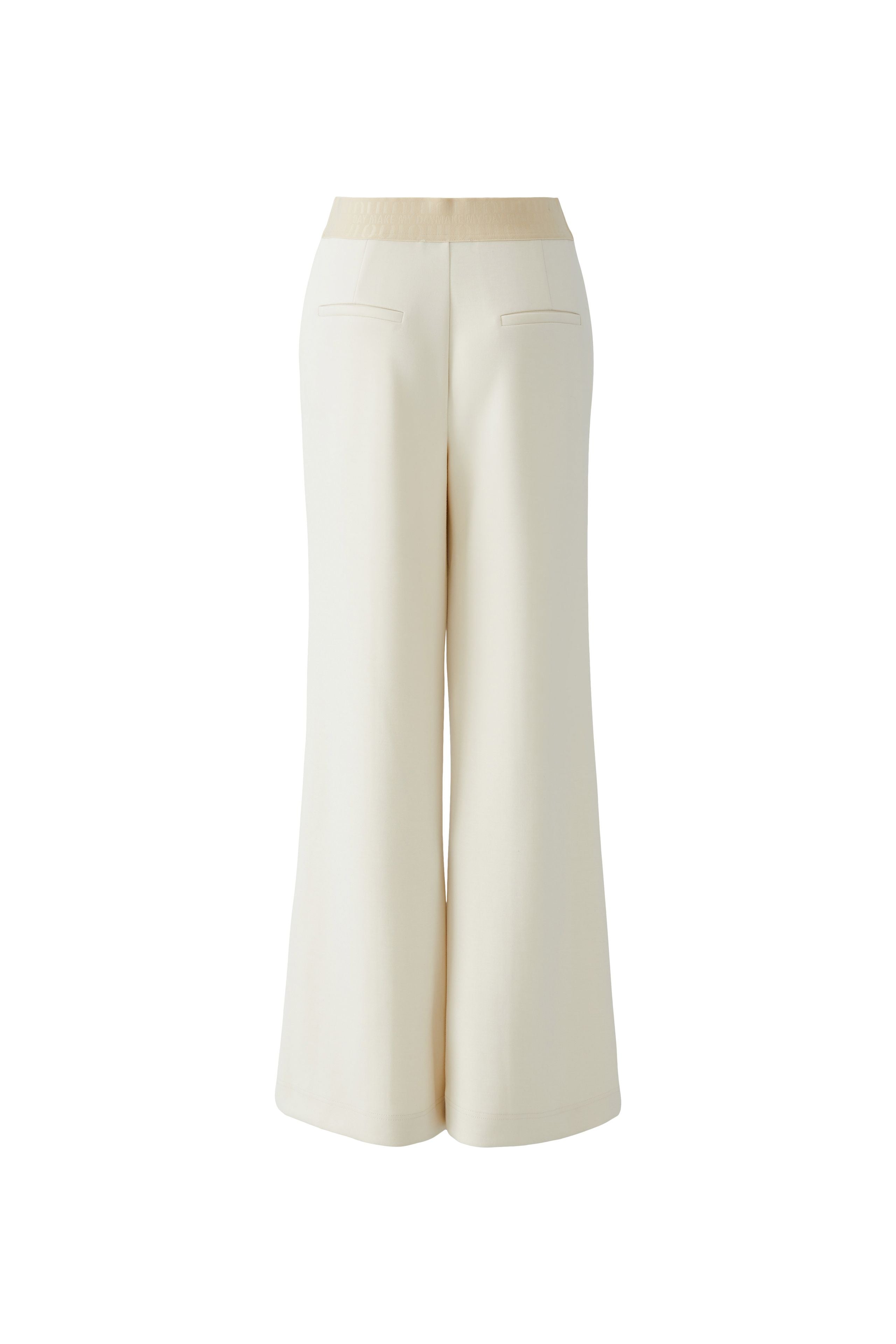 Oui cream wide leg jersey trousers with stitched creases and pull-on waist – back product view