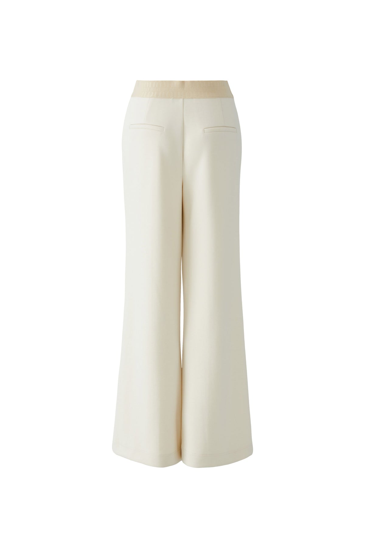 Oui cream wide leg jersey trousers with stitched creases and pull-on waist – back product view