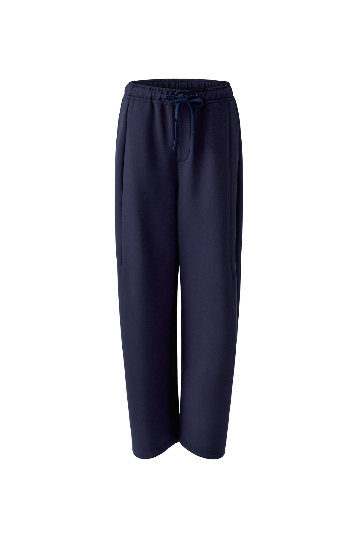 Oui navy cropped barrel leg scuba trousers with elasticated waist – product front view