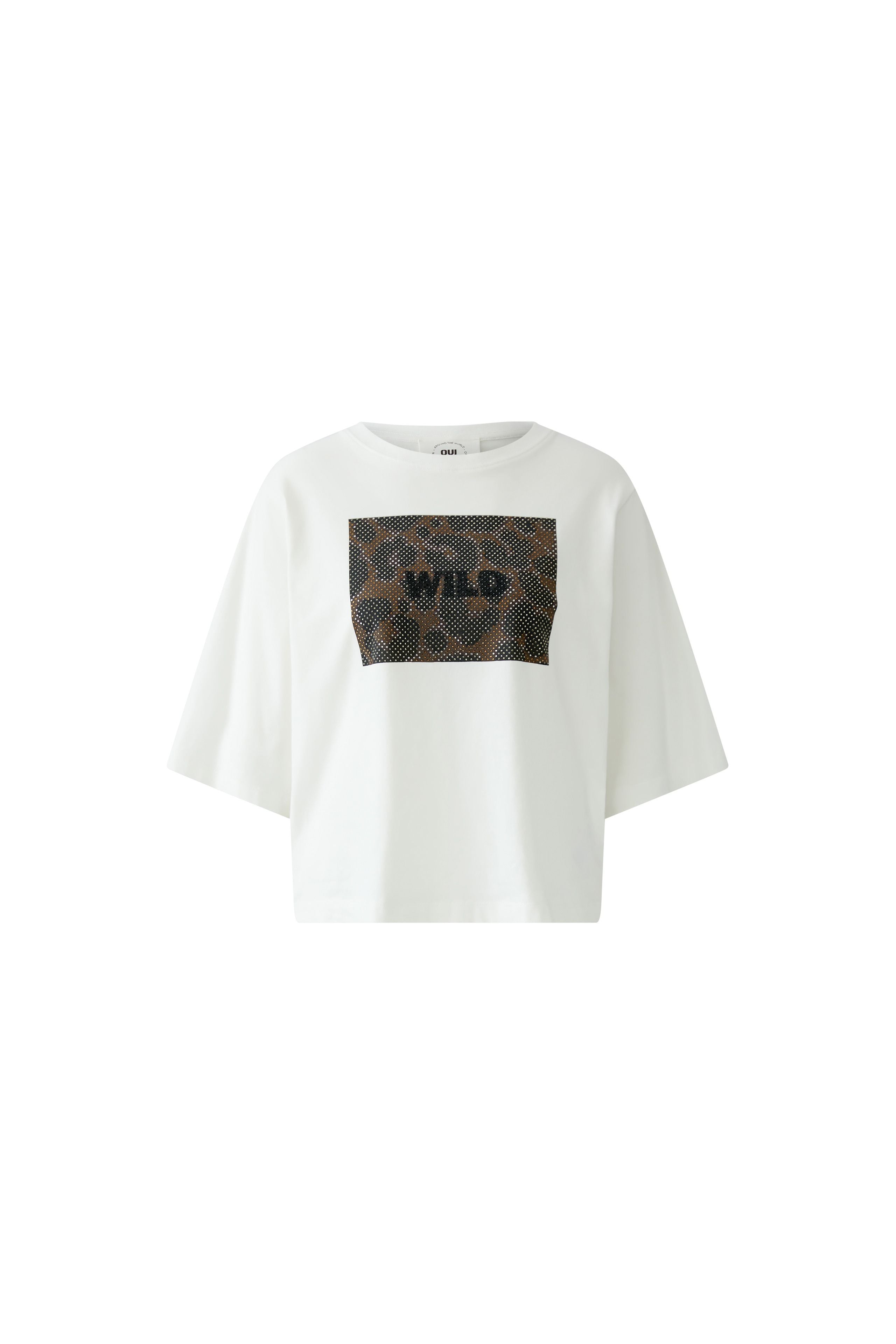 Oui Wild white stretch cotton leopard print T-shirt – product front view