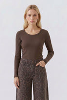 Oui brown cotton modal ribbed long sleeve top – front model view