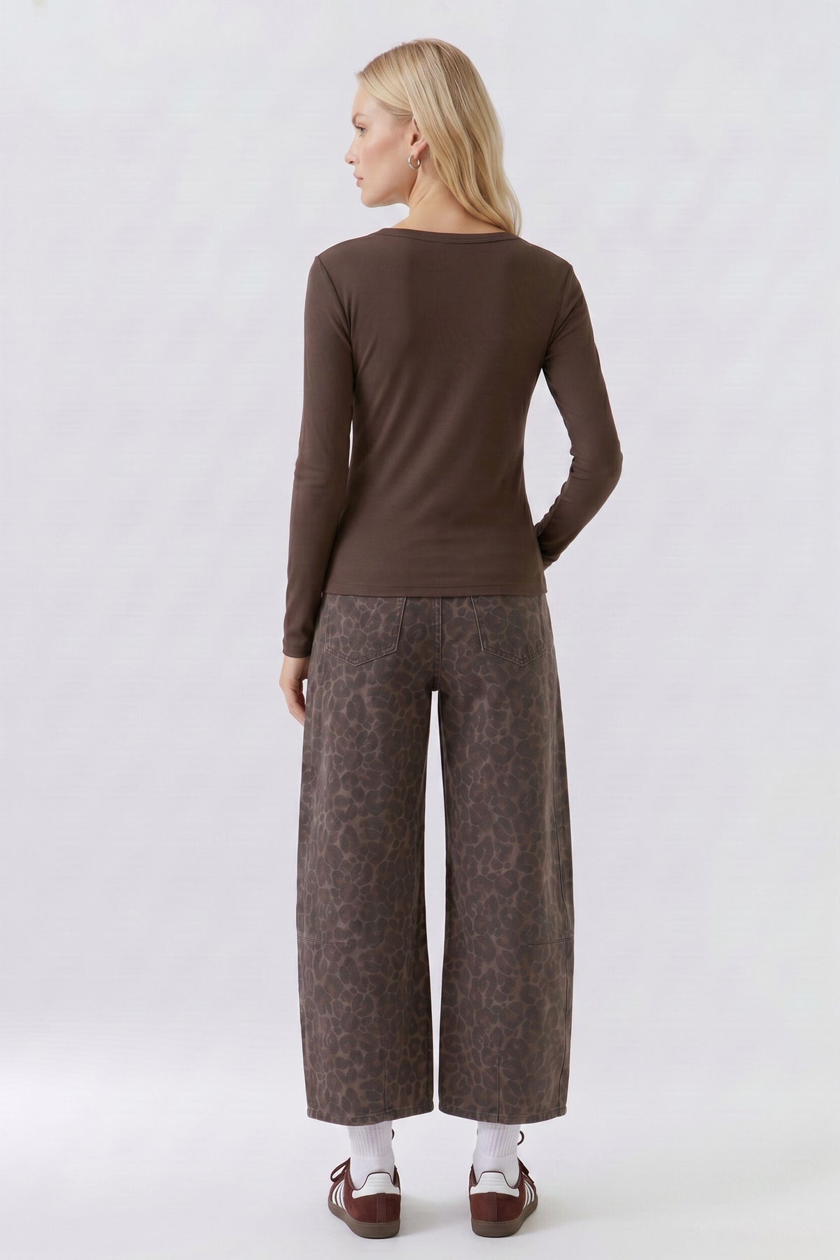 Oui brown cotton modal long sleeve top – back model view