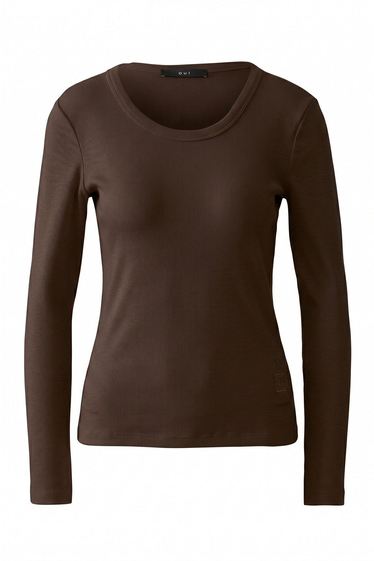 Oui brown fitted ribbed long sleeve top – product front view