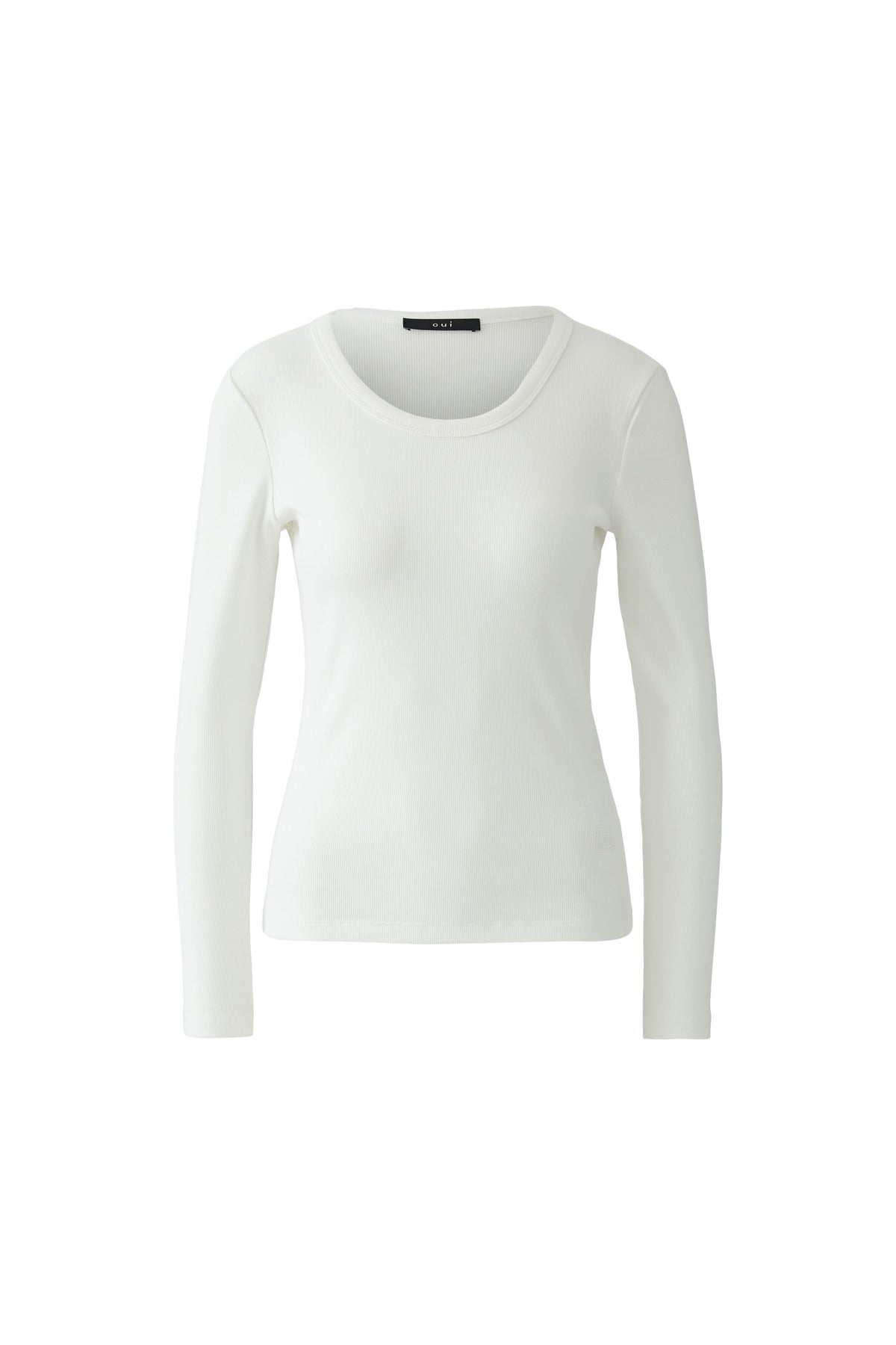 Oui cream fitted long sleeve top with deep round neck – product front view