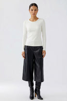 Oui cream fitted ribbed long sleeve top with round neck – full model view